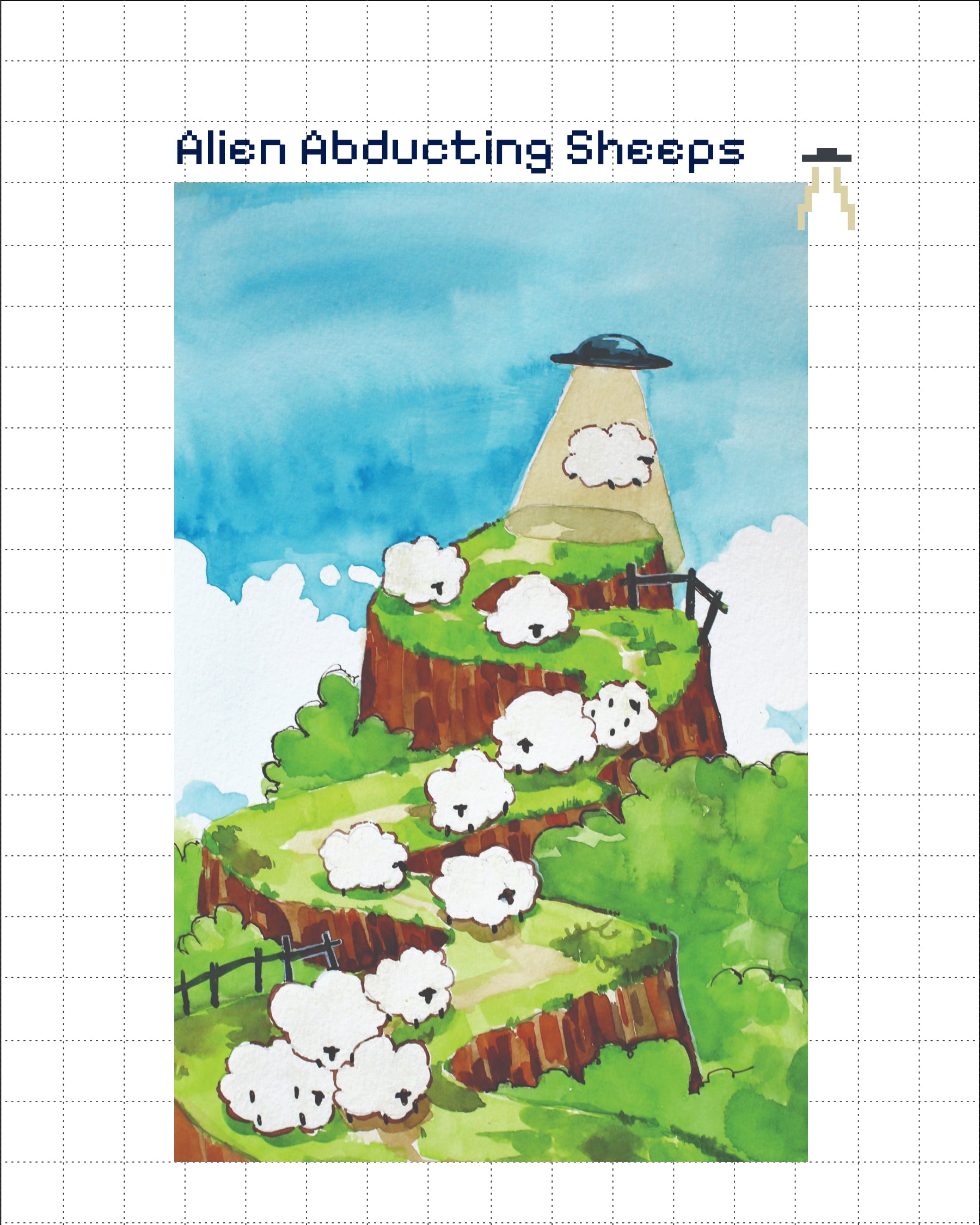 Alien Abducting Sheeps Watercolor Print