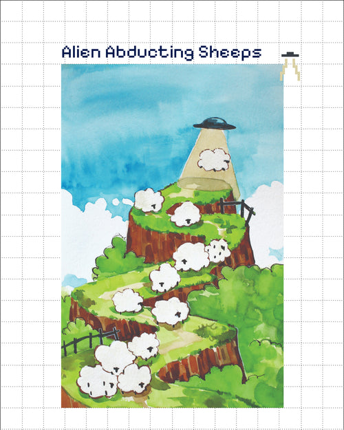 Alien Abducting Sheeps Watercolor Print